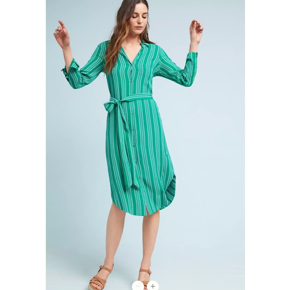 NWT Anthropologie Maeve Martina Belted Shirt Dress Sz 10 Green Striped Coastal - Picture 2 of 16
